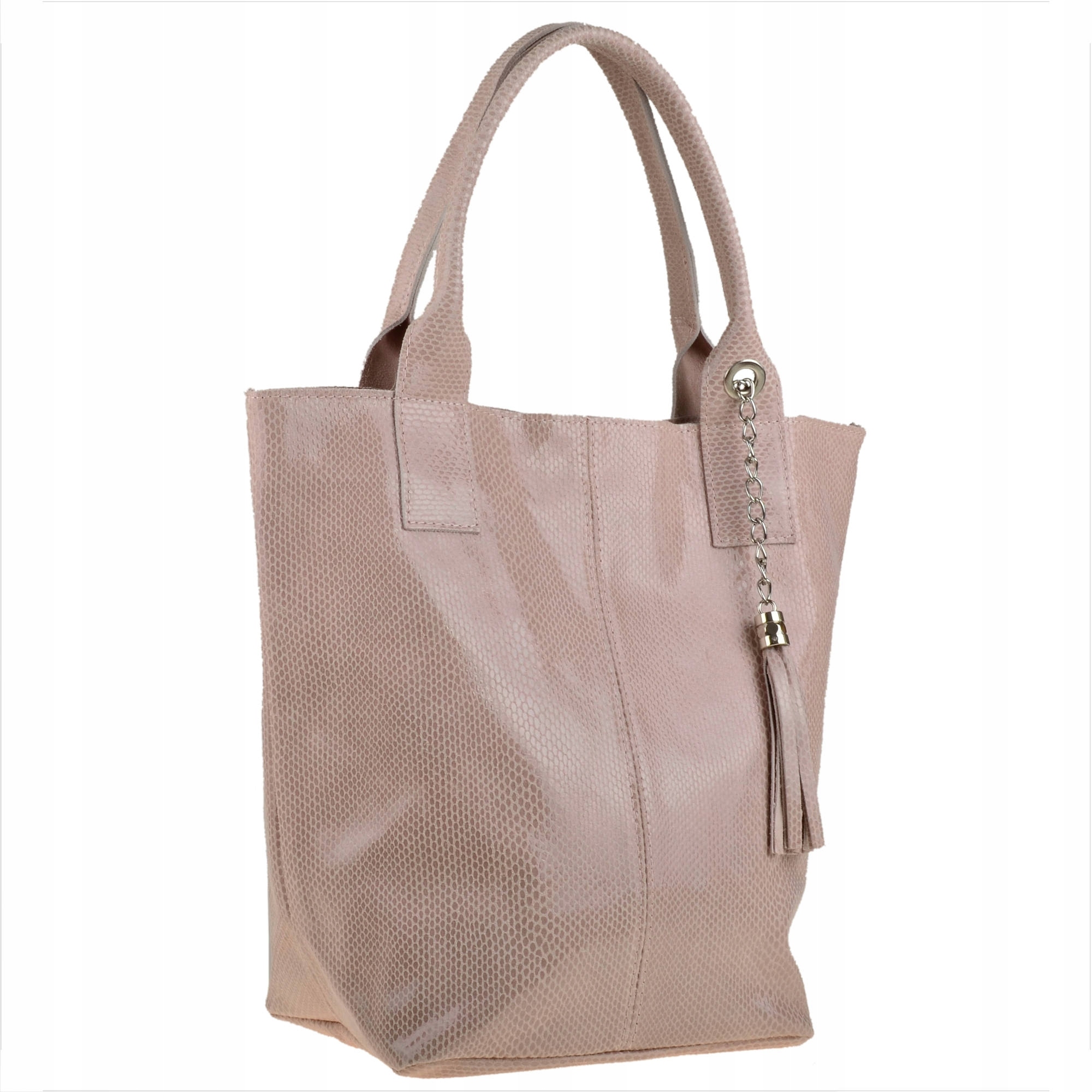 

Torebka shopper skórzana z połyskiem róż pudrowy