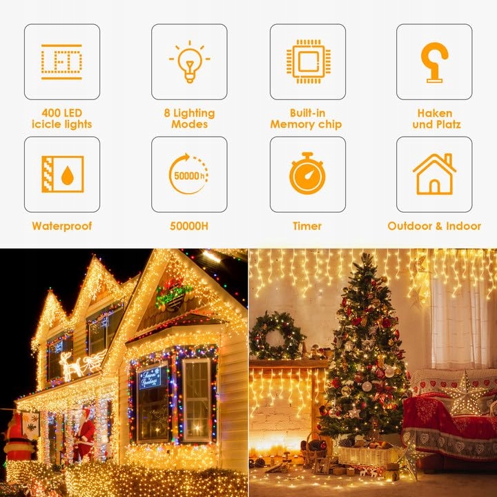 GYLEFY KURTYNA ŚWIETLNA LAMPKI ŚWIĄTECZNE ZEWNĘTRZNE IP65 TIMER 10M 400LED — miniatura 5