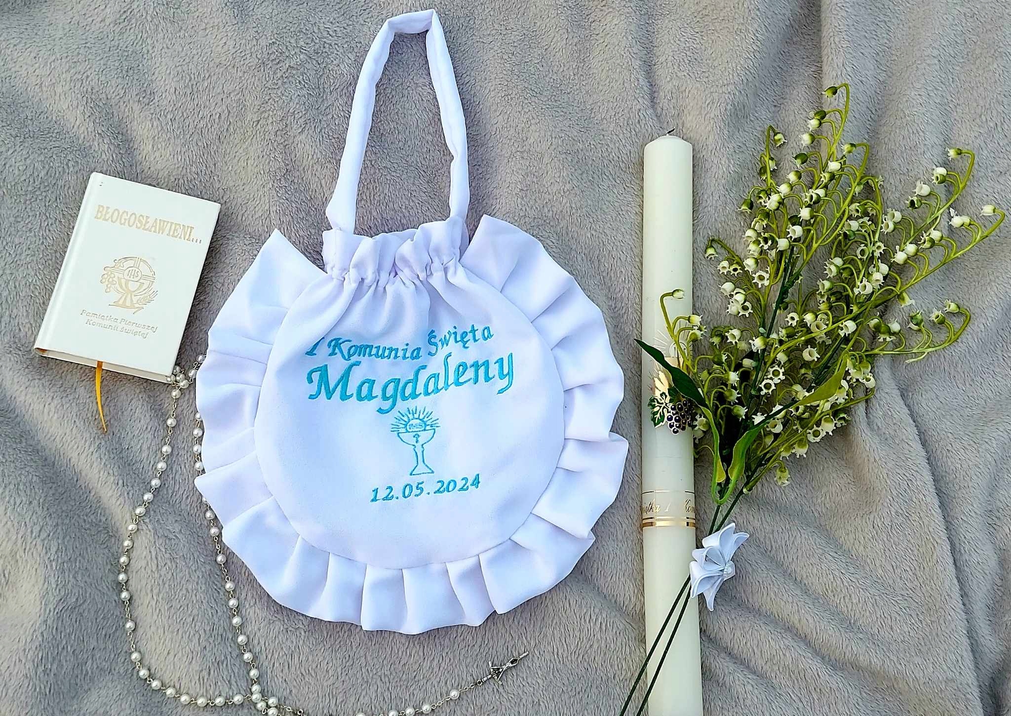 Torebka komunijna sakiewka biała imię data kansahi Okazje komunia