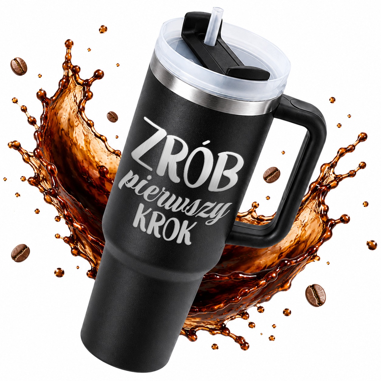 Termohrnek Velký 1,2L Termoska Na Kávu Slámka Gravírování První Krok Černá