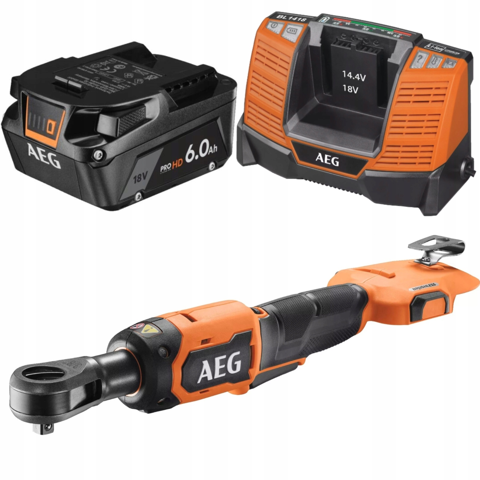 Aeg Bezkartáčová račňa 3/8" 18V nabíjačka Aeg BL1418 akumulátor 6.0Ah