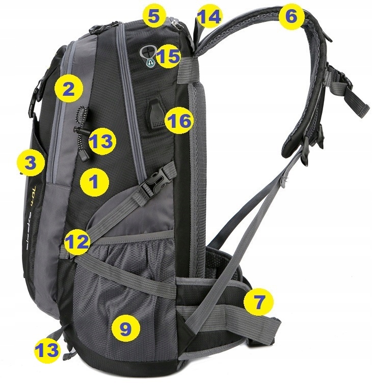 Plecak Turystyczny Sportowy Wodoodporny lekki Pas biodrowy 40L USB + kabel Model Alaska