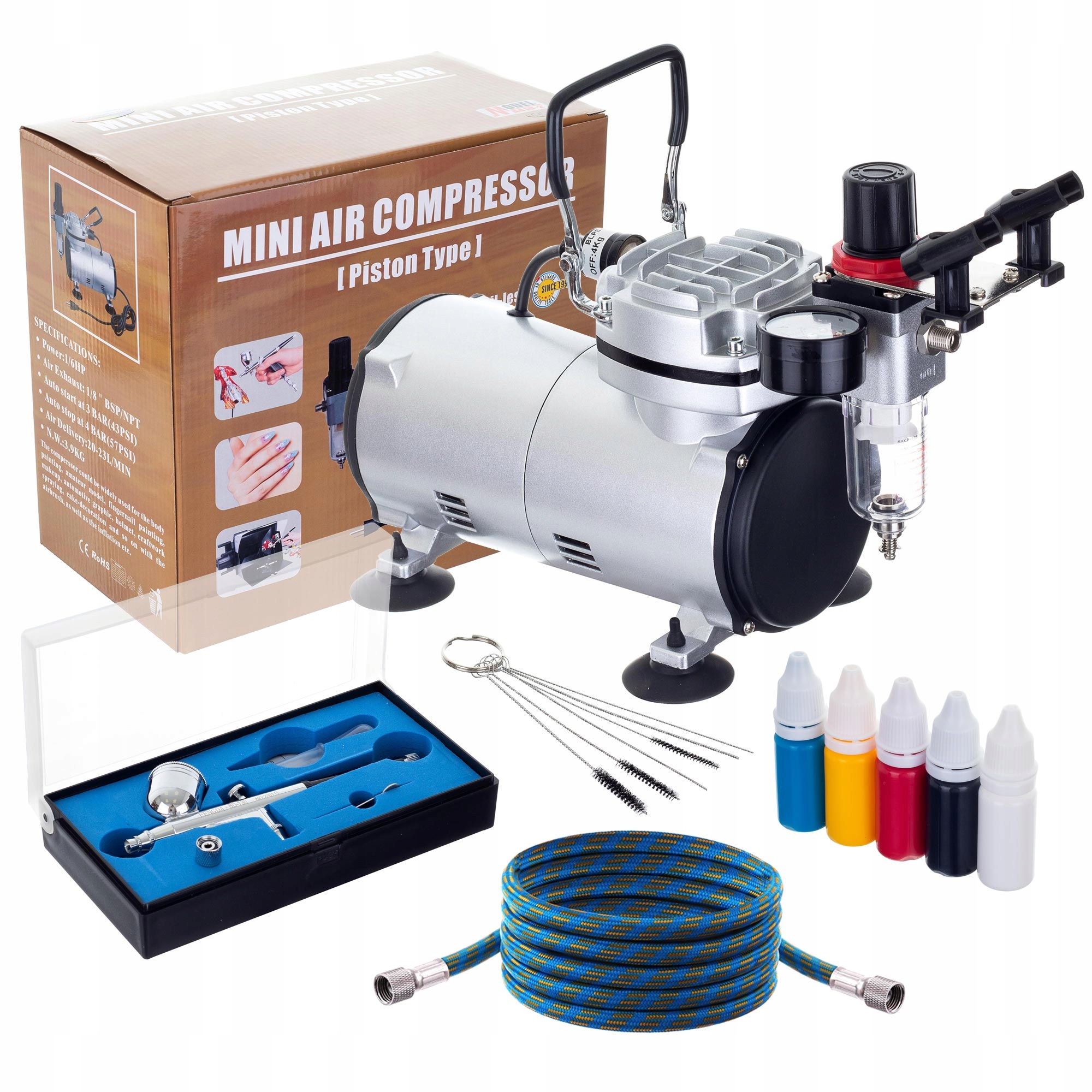 Kompresor Pro Airbrush Modelářský Set Barvy Stojan Auto Start/stop