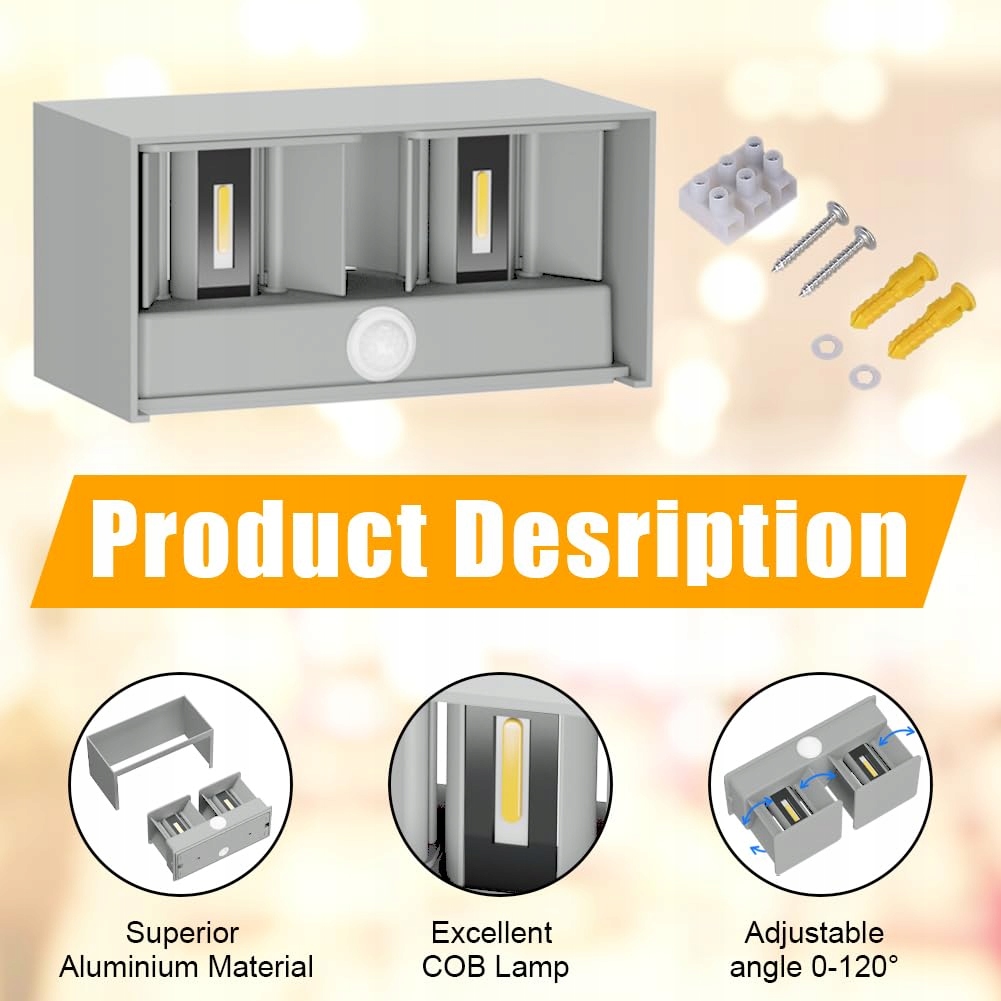 KLIGHTEN Lampa Zewnętrzna 24W z Czujnikiem Ruchu IP65 3000K Szara — miniatura 3