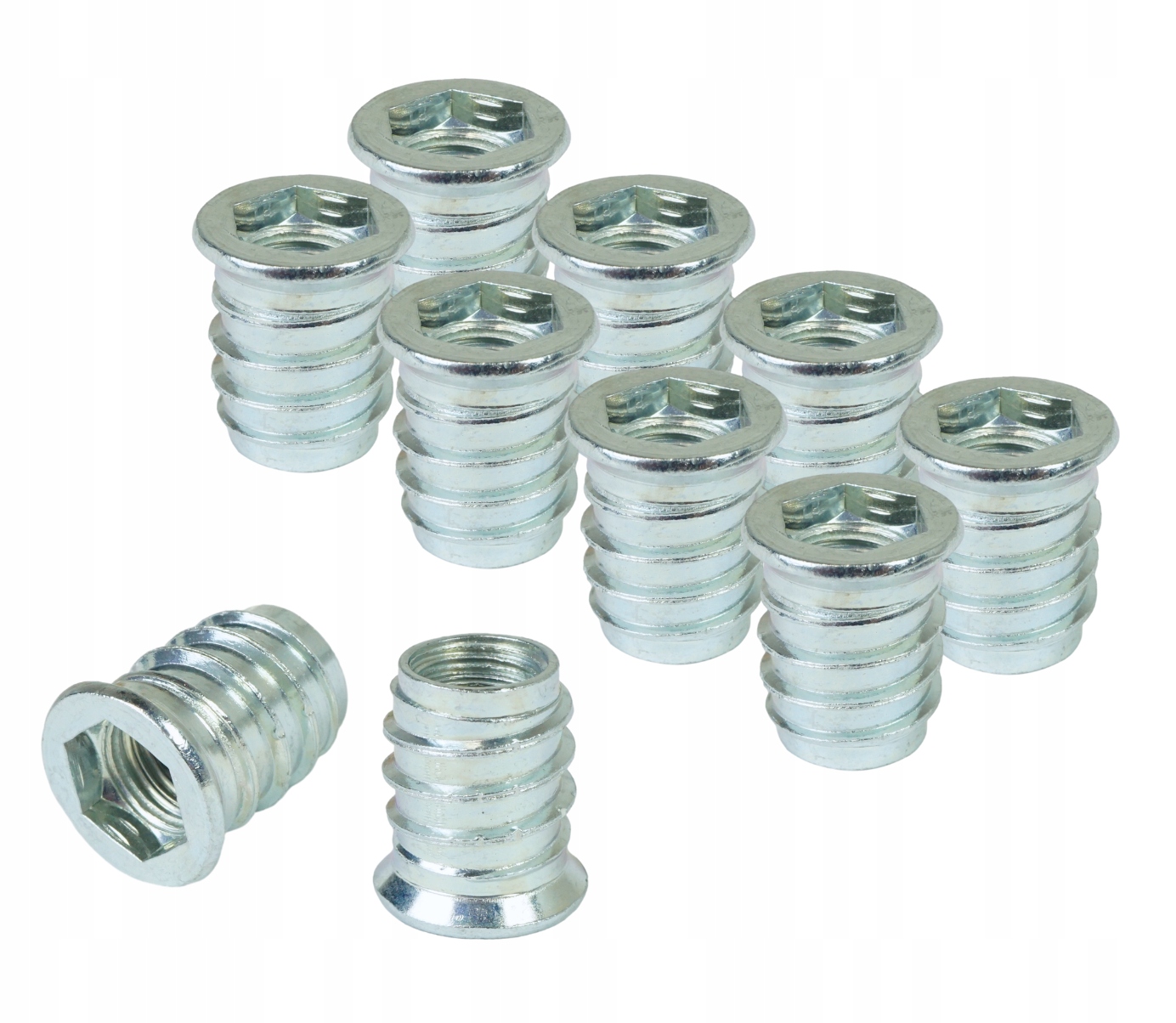 100x Nátrubek M10 x20 dvouzávitová šroubovací s přírubou, vrut do dřeva