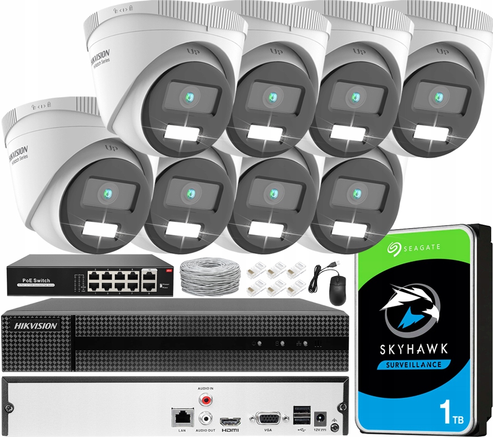 Vonkajšie Ip monitorovanie Sada 8x Kamera Hikvision ColorVu Led 30M PoE