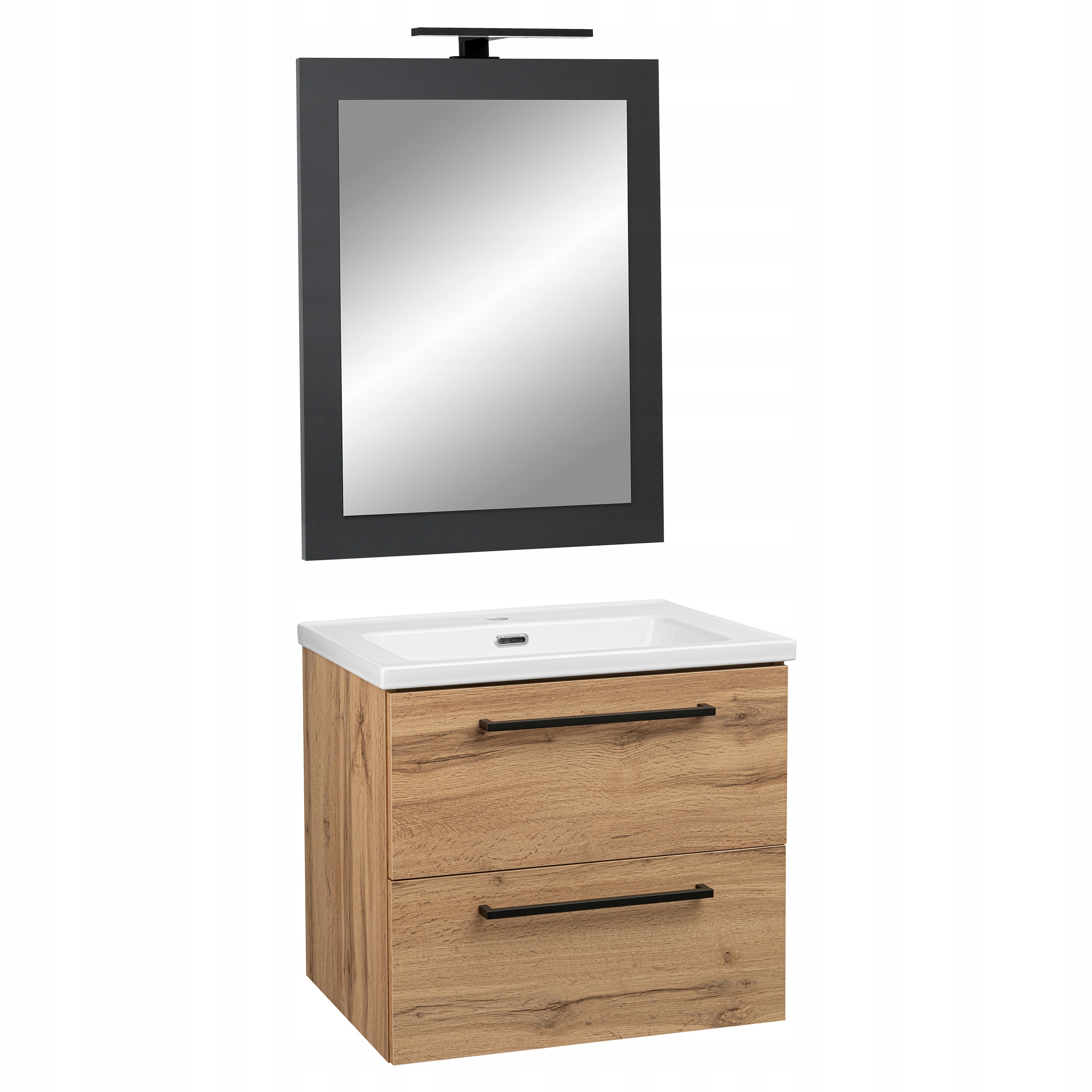 SZAFKA ŁAZIENKOWA WISZĄCA Z UMYWALKĄ LUSTREM LAMPKĄ LED DĄB WOTAN 60 cm