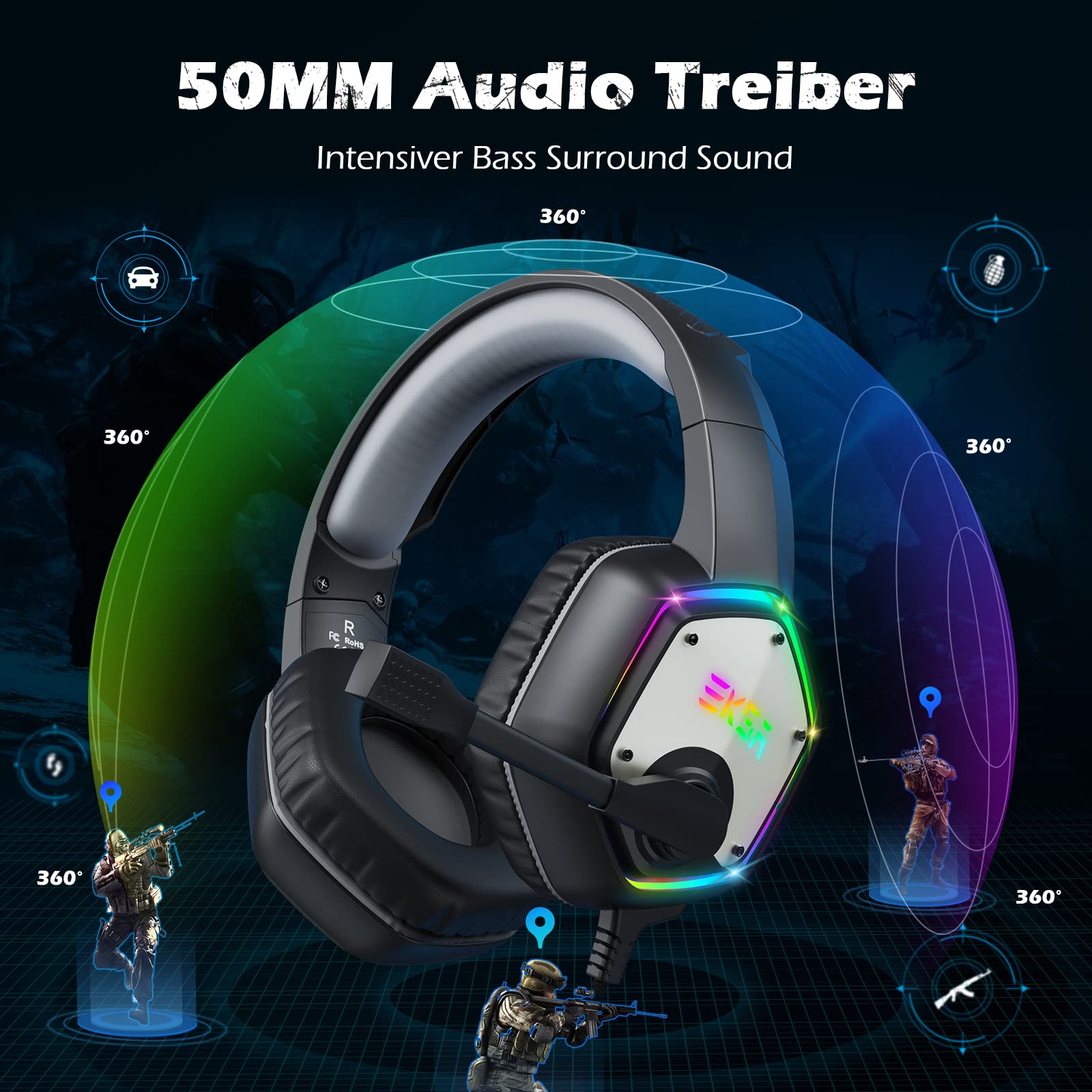 EKSA E1000 Słuchawki Gamingowe USB z Mikrofonem RGB do PC PS4 PS5 Laptop — miniatura 5