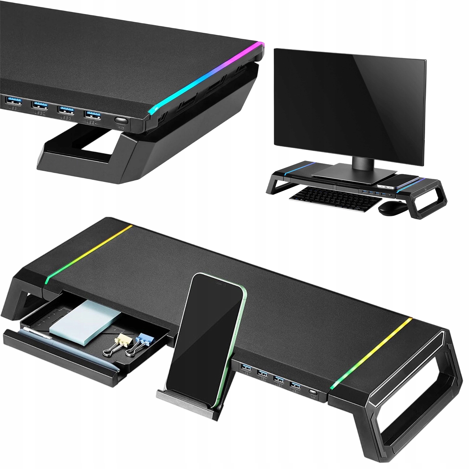 Nastavitelný Držák Na Monitor 27" S Rgb, Zdvihem A Zásuvkou, Černý