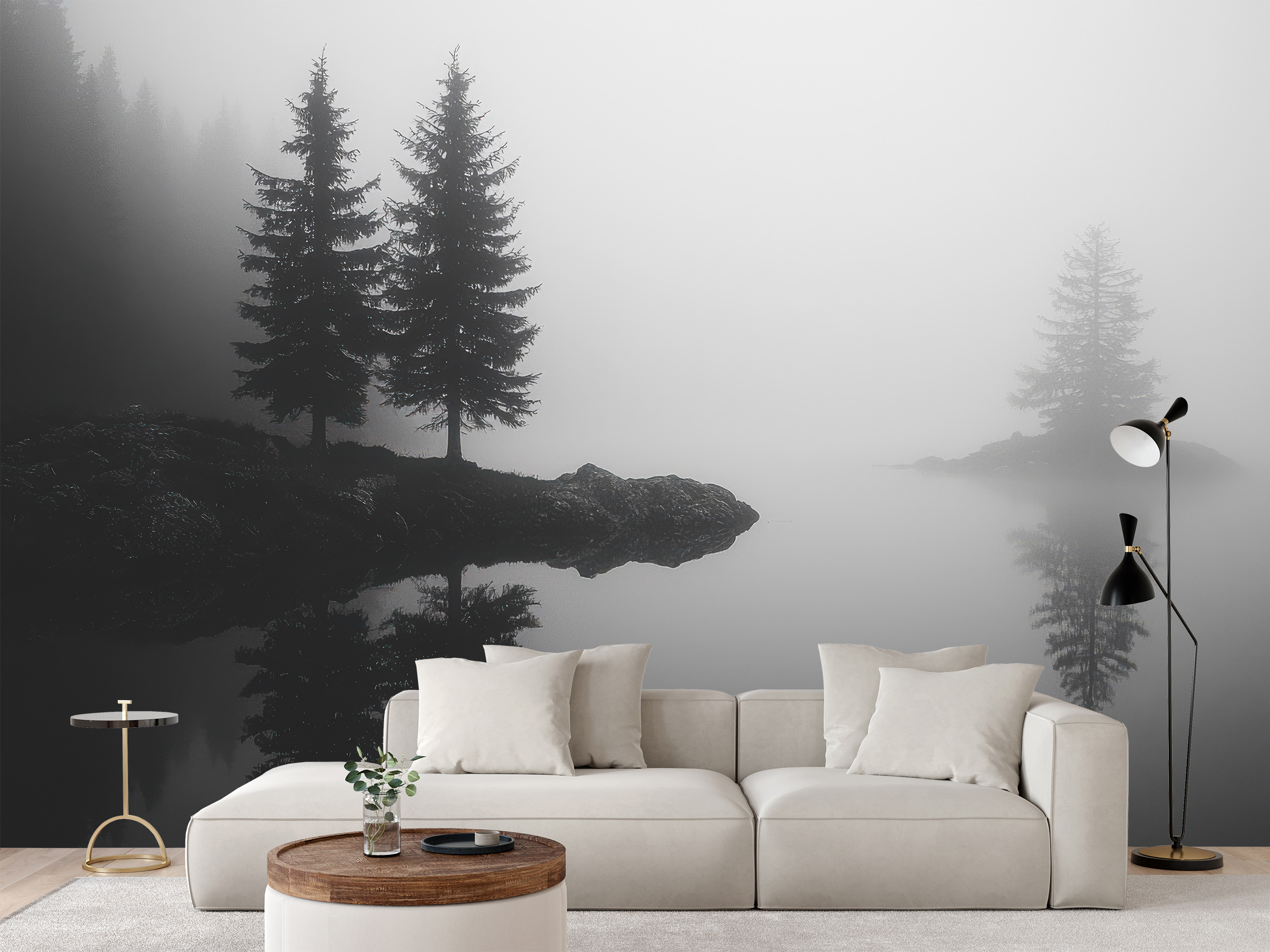 Fototapeta Mlhavé Jezero V Lese Černobílá 450 x 300 cm