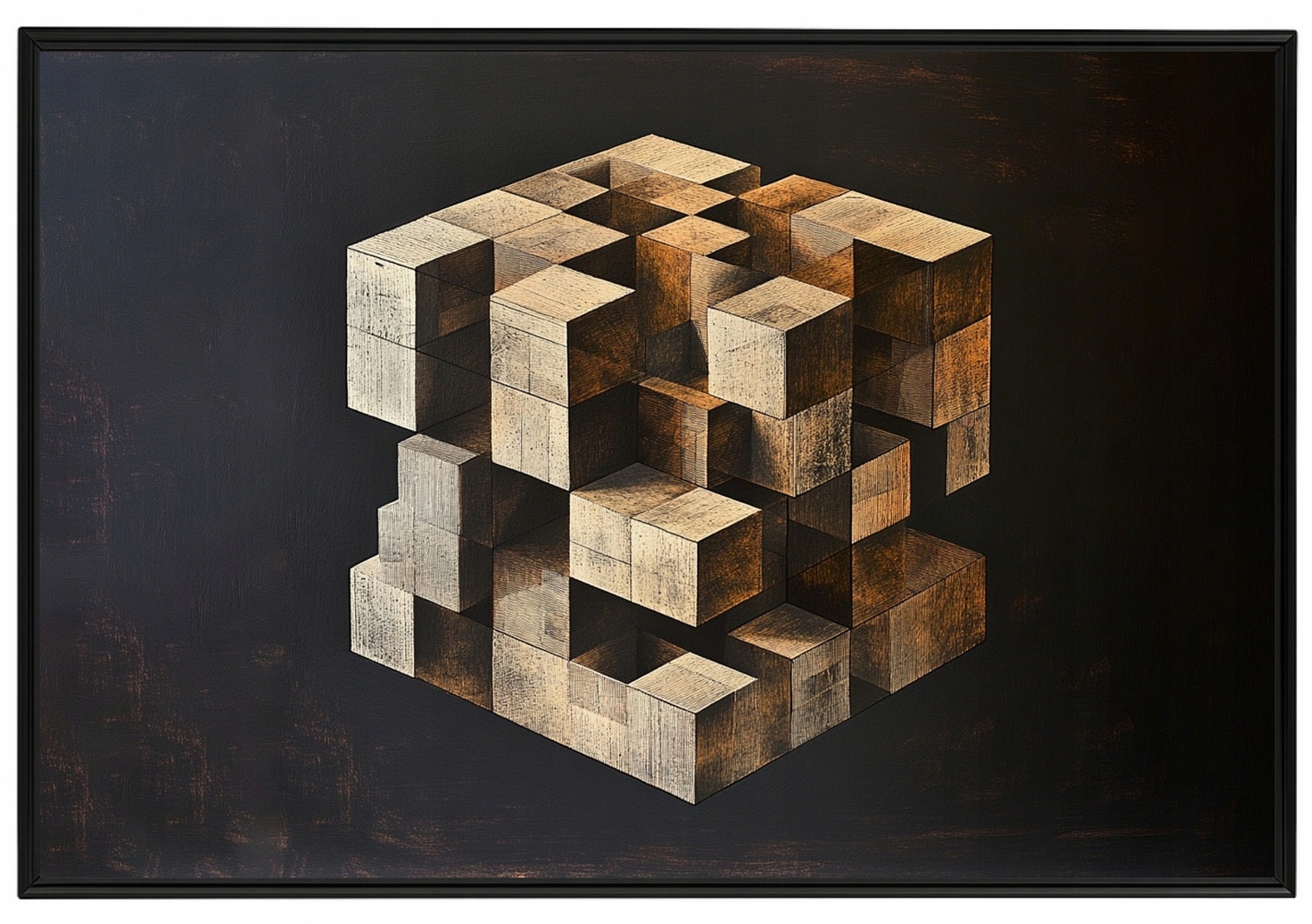 Plakát Rámeček Plakát Z Hliníku, Abstrakční Kostka, Puzzle 3D Iluze, 60x40