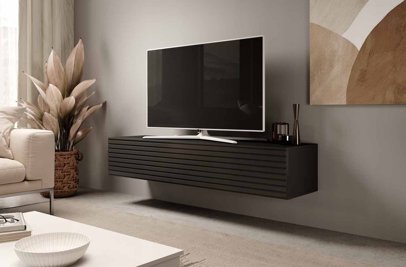 Nowoczesna Szafka RTV Wisząca z Lamelami 160 cm Czarna KM