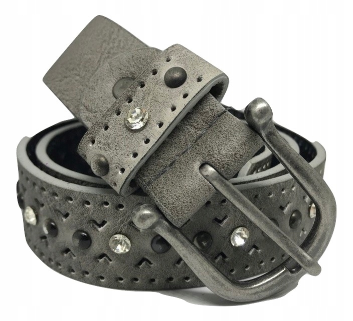 

Pasek Damski Szary skórzany dżety cyrkonie