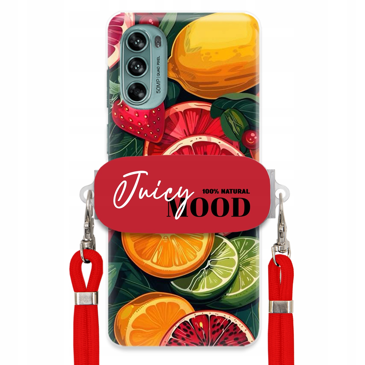 Puzdro pre Motorola G62 5G Červené Crossbody vodítko držiak Juice Mood Ovocie