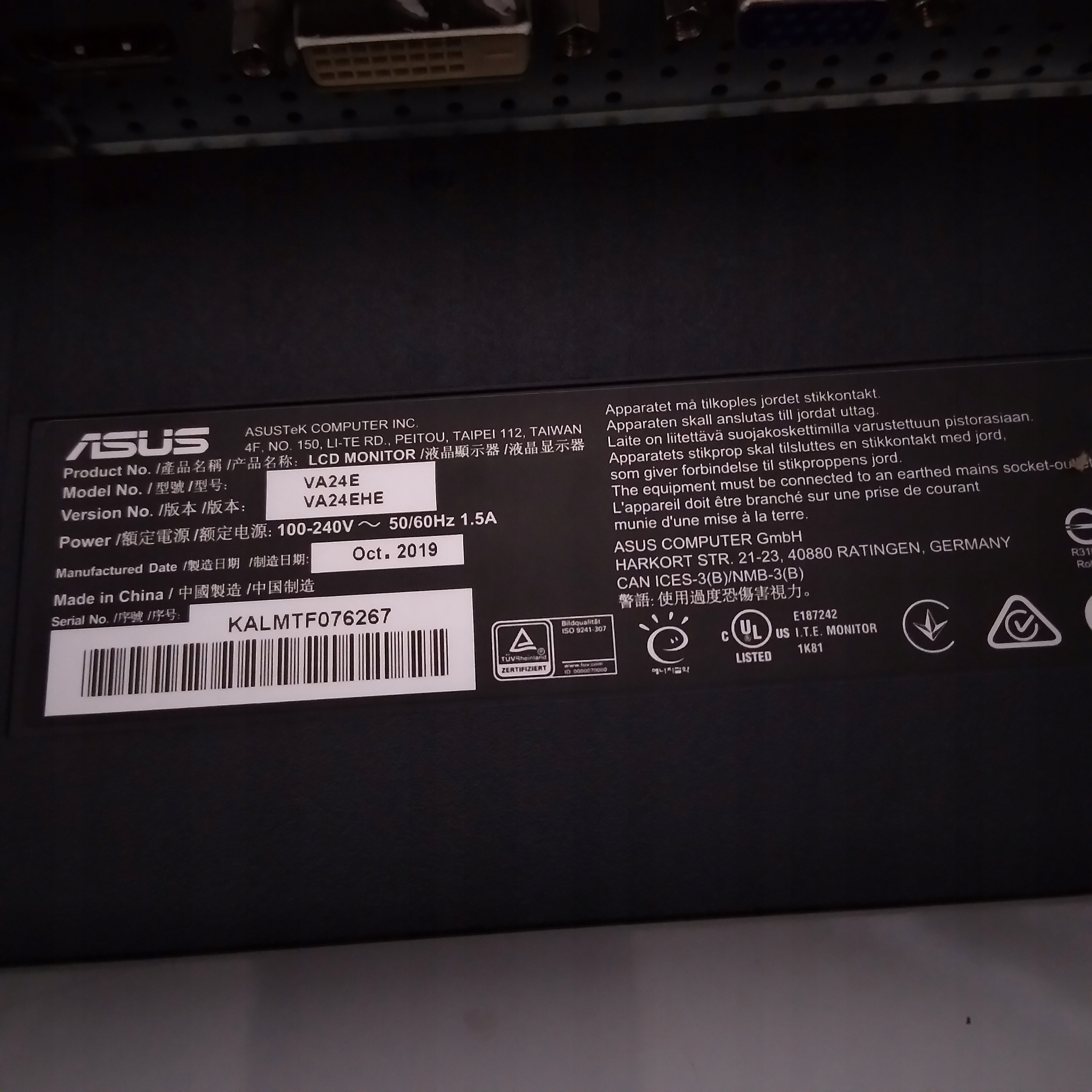 Monitor LED ASUS VA24EHE 24'' USZKODZONY Model VA24EHE