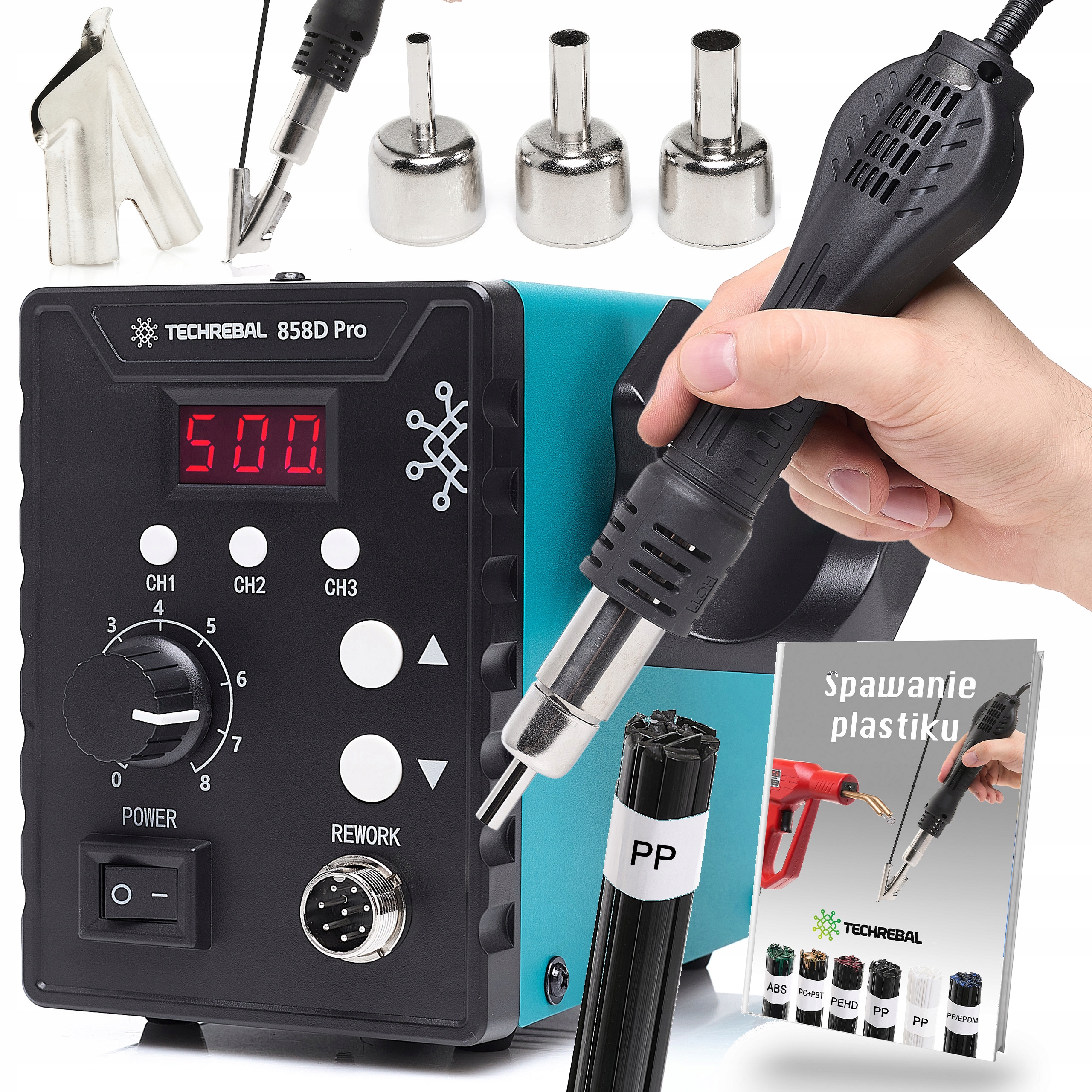 Svařovač Plastu horkovzdušná páječka Techrebal 858D Pro tryska But 3 paměti