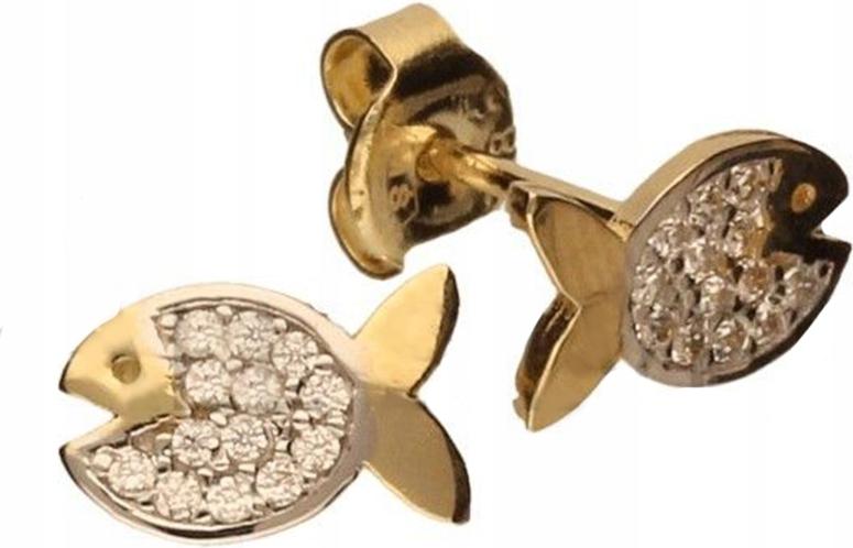Zlaté dětské náušnice 585 rybičky se zirkony, elegantní jako dárek 14K