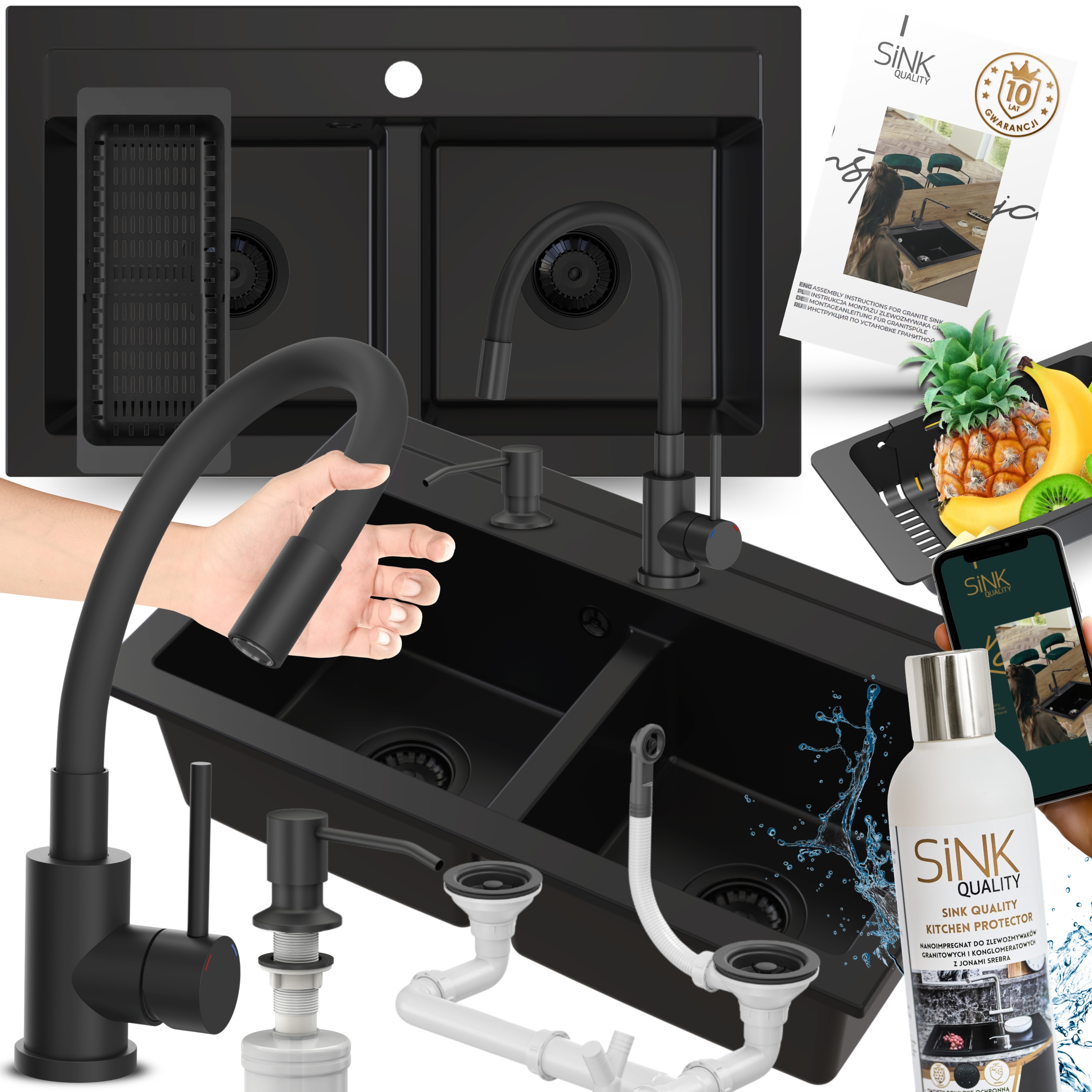 Kuchynský Drez dvojkomorový Čierny granitový 80 cm Drez Veľký Impregnát