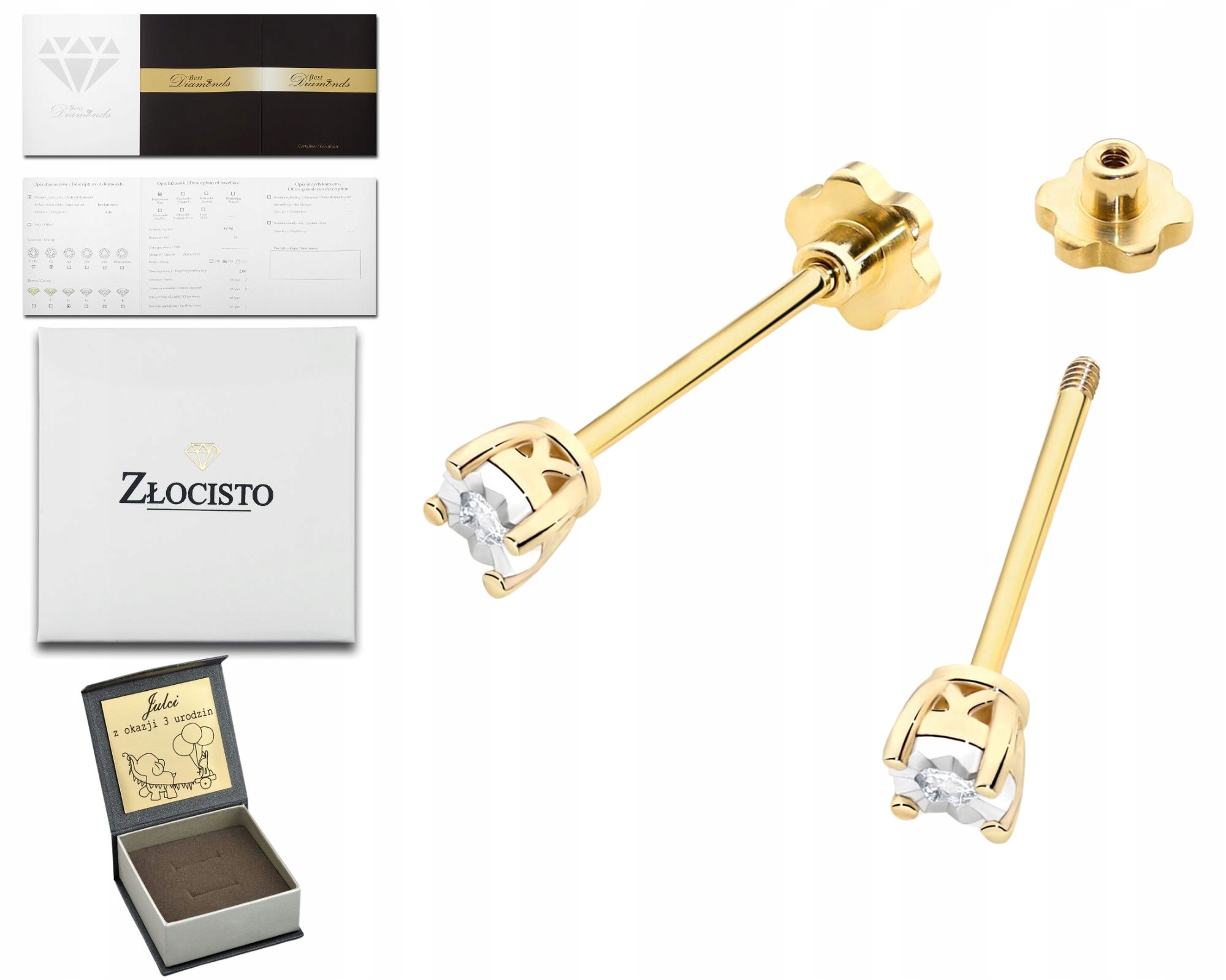 Zlaté Náušnice S Diamanty Pevnou Šroubovací Zátkou Zlato 585 Jako Dárek S Gravírování
