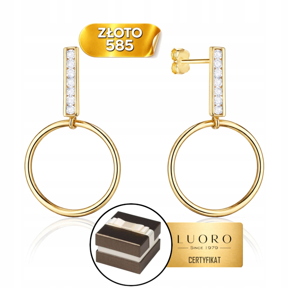 Náušnice Zlaté 585 14K Kolečko Se Zirkonem Tyčinka 18 MM Elegantní