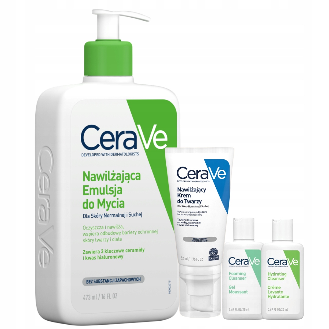 CeraVe Zestaw Nawilżająca Emulsja do Mycia 473ml, Krem do Twarzy 52ml