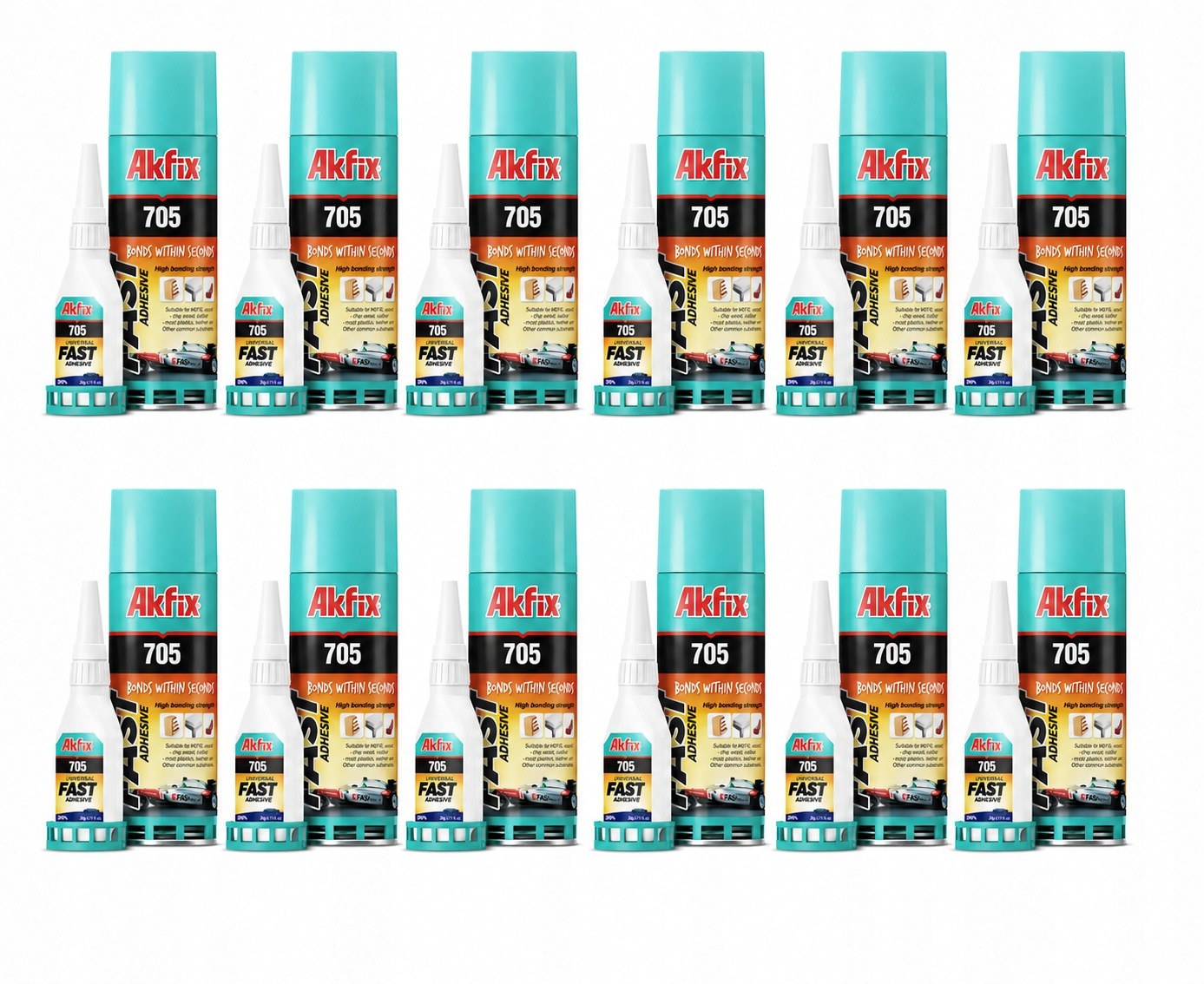 12 x Silné kyanoakrylátové vteřinové lepidlo Akfix 705 125 g aktivátor 400 ml