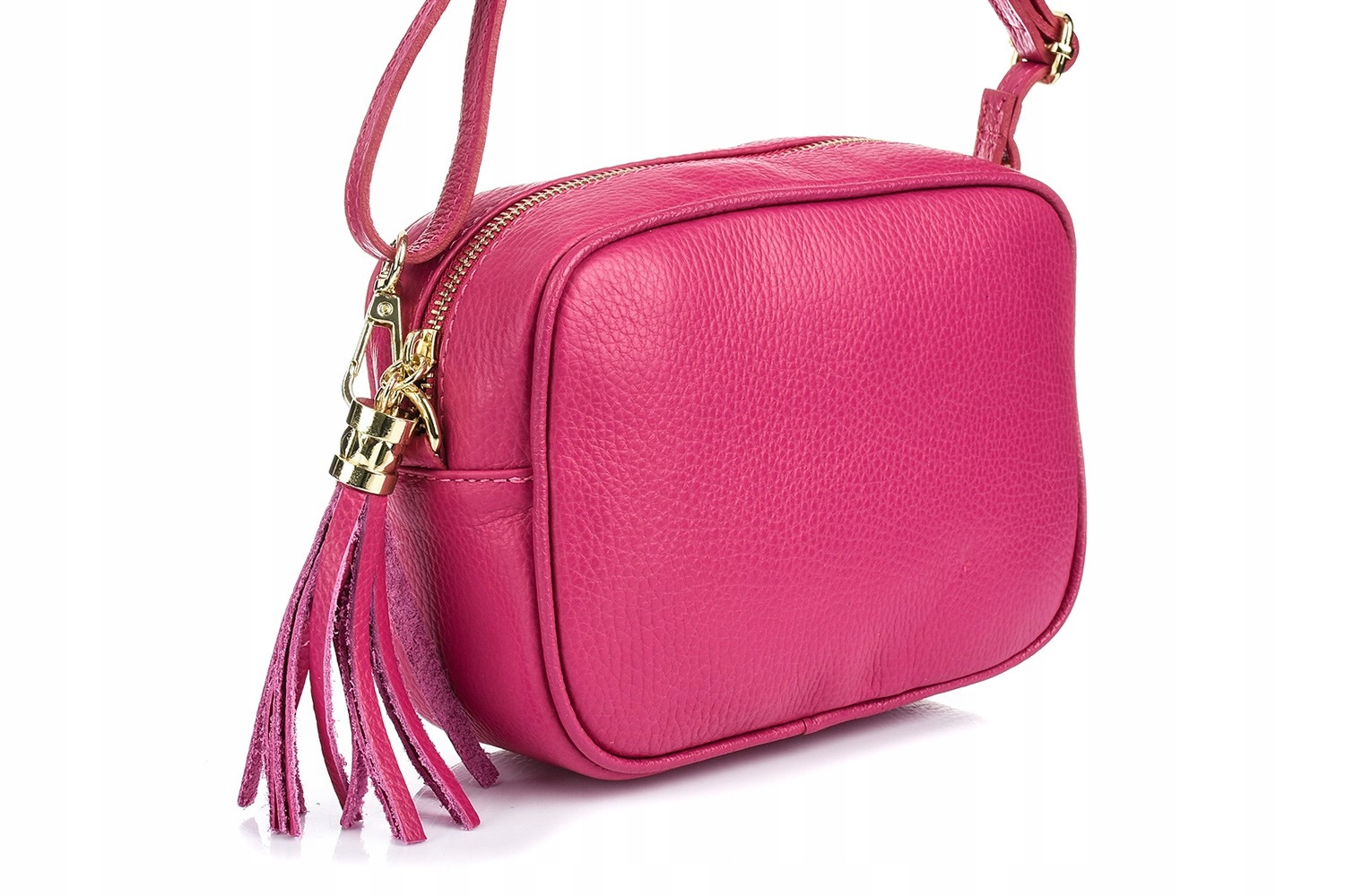 Dámská kožená kabelka přes rameno kabelka s střapcem, obdélníková, italská fuchsiová