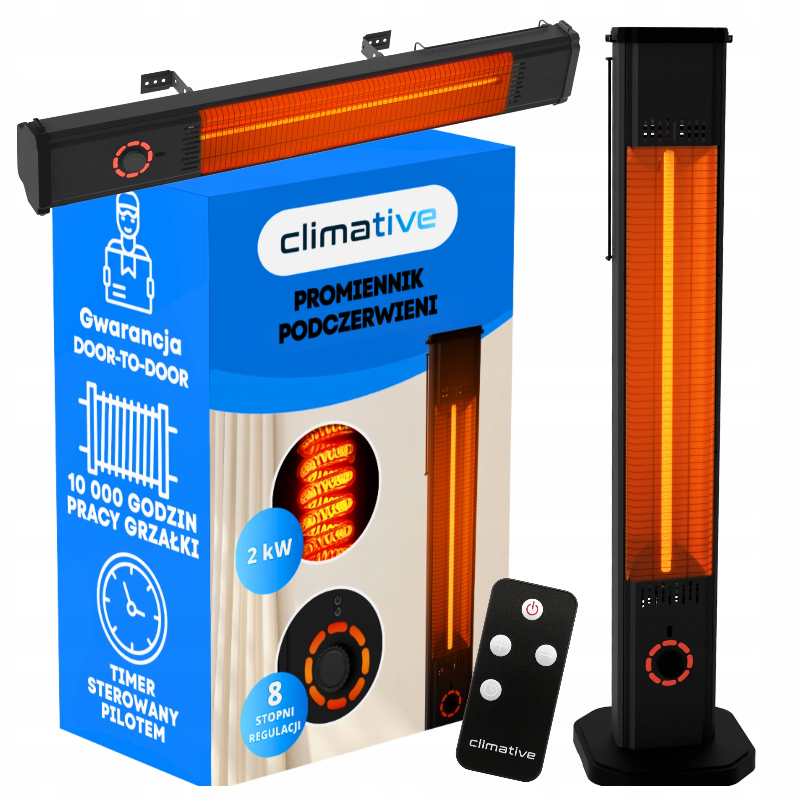 2w1 Promiennik podczerwieni ciepła tarasowy Tor 8 poziomów 2000W pilot