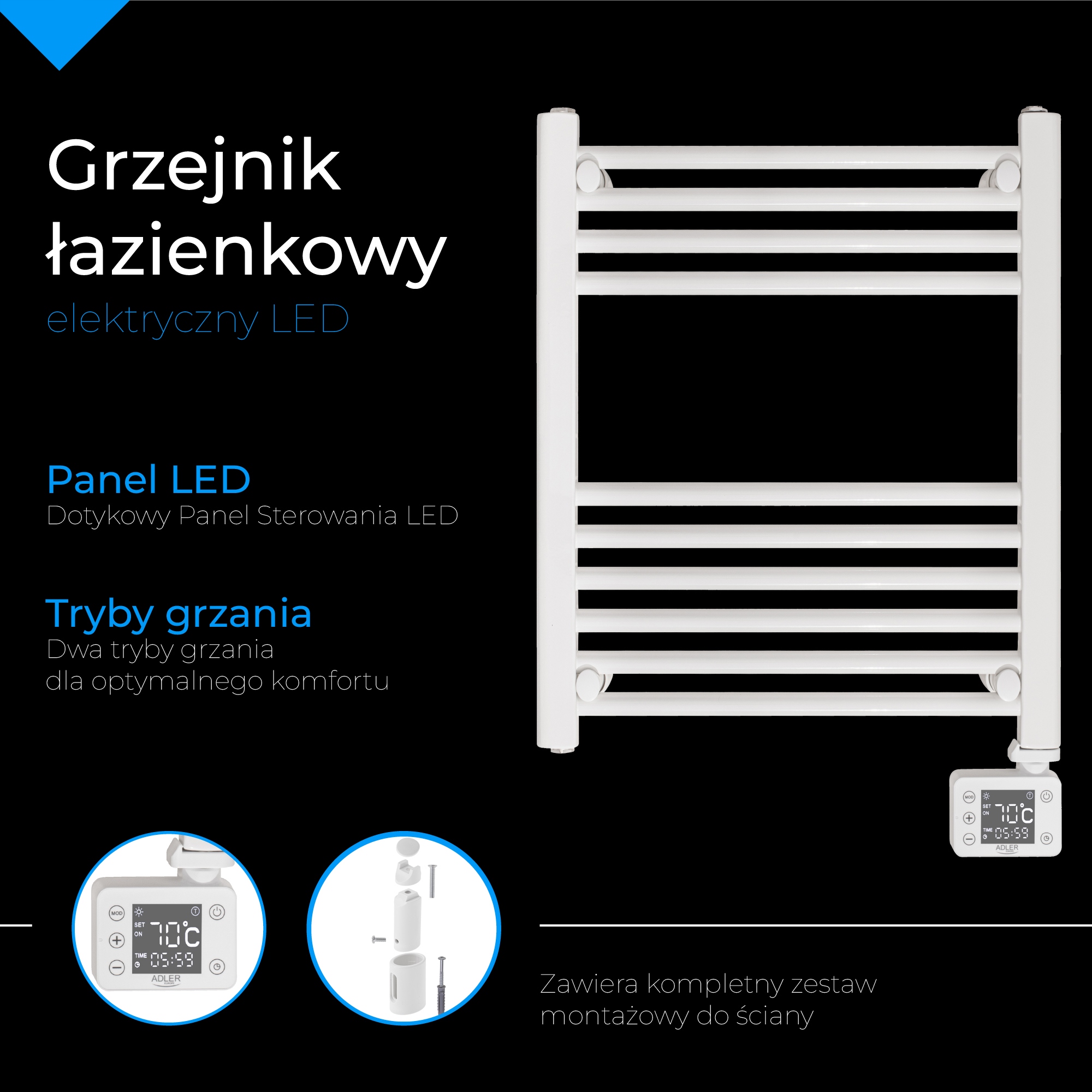 KOUPELNOVÝ RADIÁTOR ELEKTRICKÝ SUŠÁK ŽEBŘÍK PROGRAMÁTOR TERMOSTAT LED Hloubka 5.4 mm