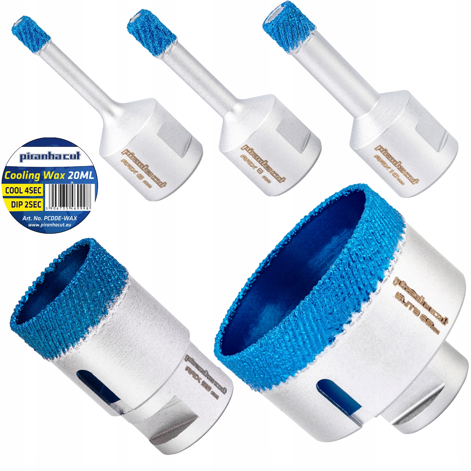 Piranhacut Korunkový Vrták na dlaždice 6/8/10/35/68mm M14 Sada