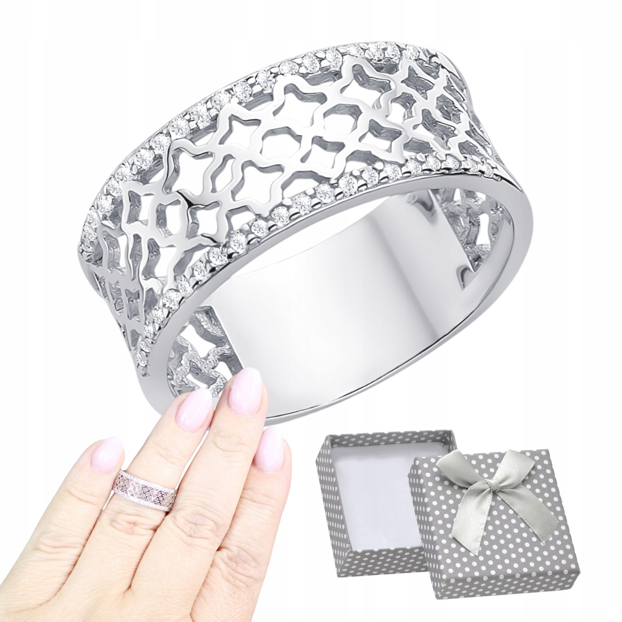 Prstýnek Stříbrný pr 925 Rhodiovaný s zirkony Ažurový Široký Krásný R11