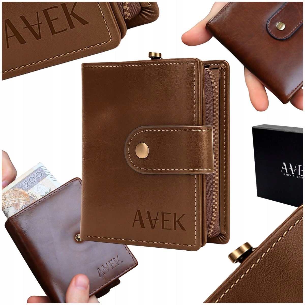 Pánská Hnědá Kožená Peněženka Z Přírodní Kůže Na Zip, Hotovost Mince Avek