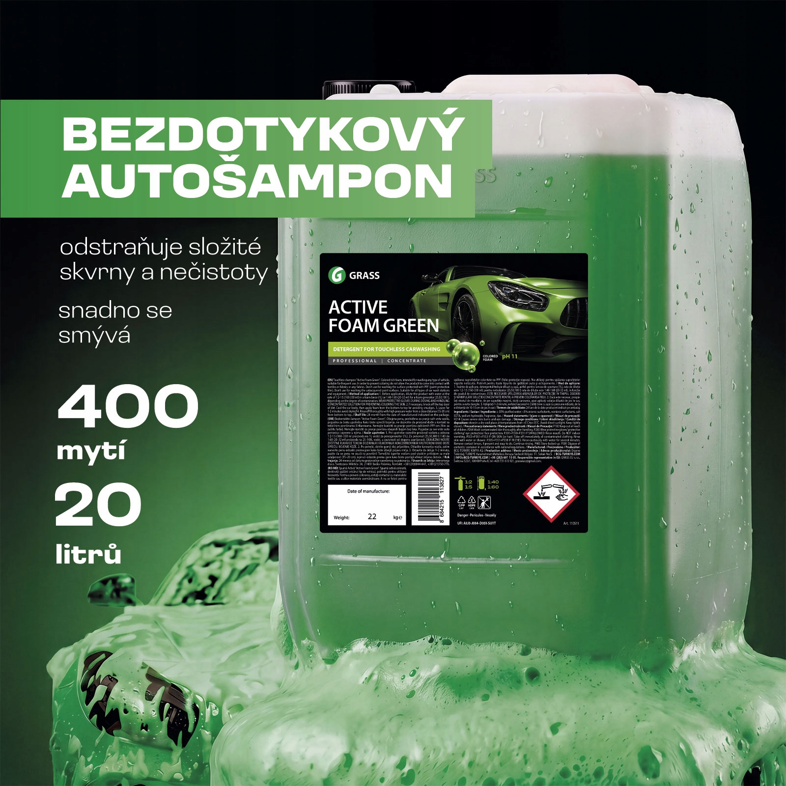 Grass Active Foam Green 20L bezkontaktný autošampón s farebnou penou