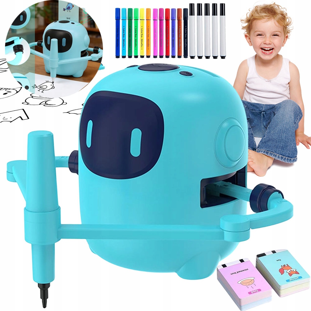 Robot Rysujący Z 150 Kartami Montessori Zabawka Edukacyjna Niebieski