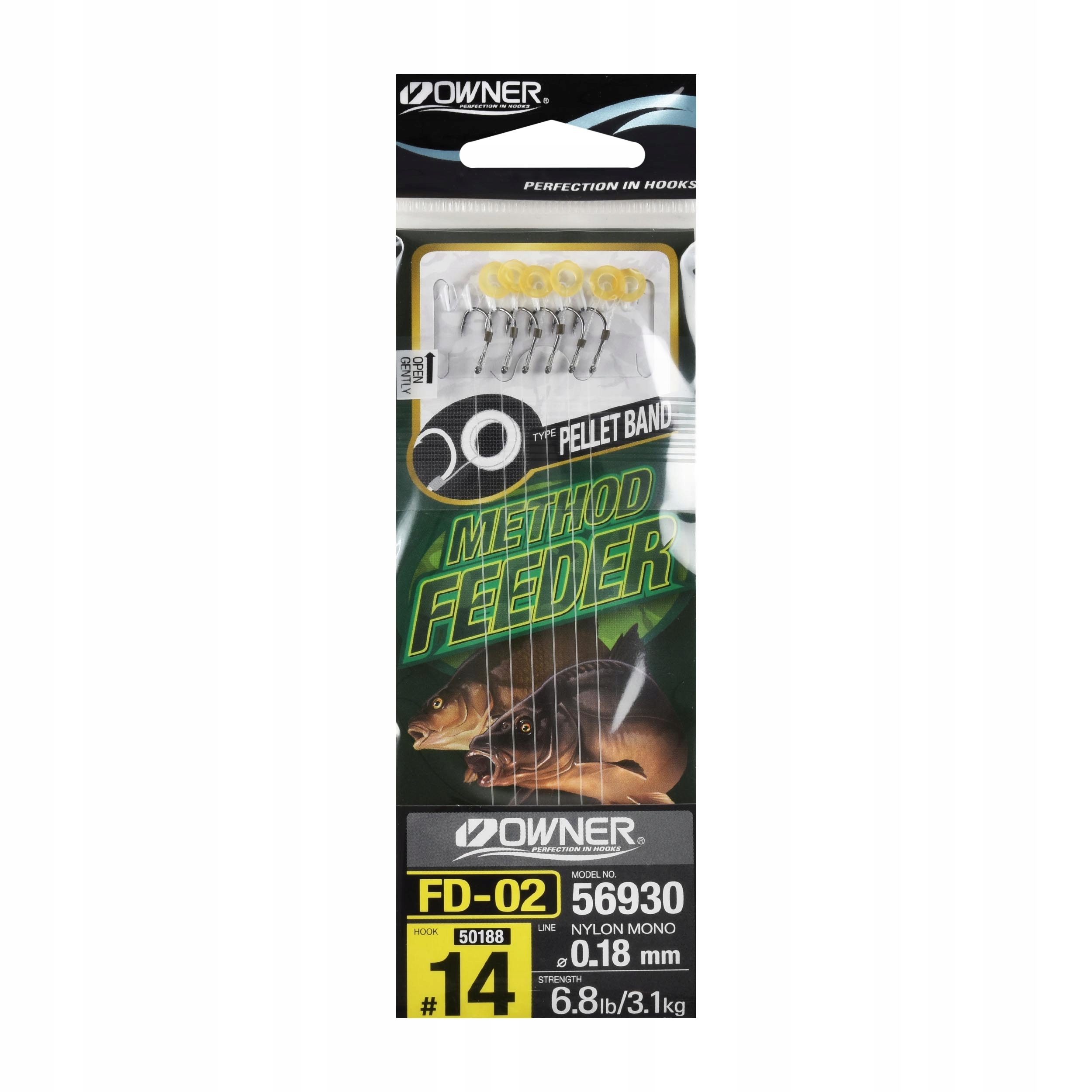 Haczyki feederowe Owner FD02 #14 z przyponami Pellet Band 10cm 3,1kg 6szt.