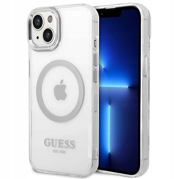 Pouzdro Guess Metal Outline MagSafe pro iPhone 14 Plus stříbrné
