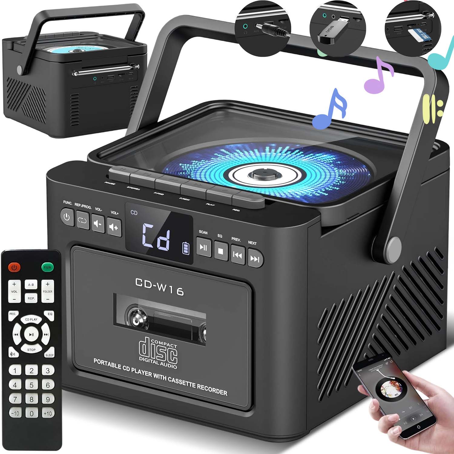 CD Přehrávač Přenosná Bluetooth Kazeta Fm Rádio Discman Usb Reproduktory