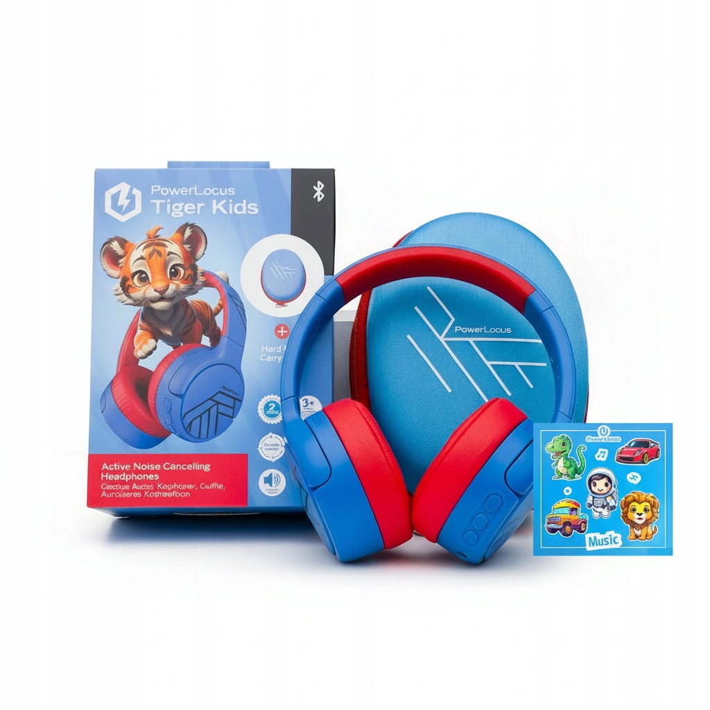 Sluchátka pro děti Bluetooth PowerLocus Tiger Kids Anc samolepky