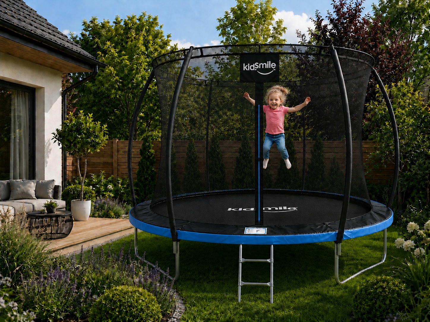 Trampolina ogrodowa siatką wewnętrzną DZIECI 10FT 312cm drabinka niebieska