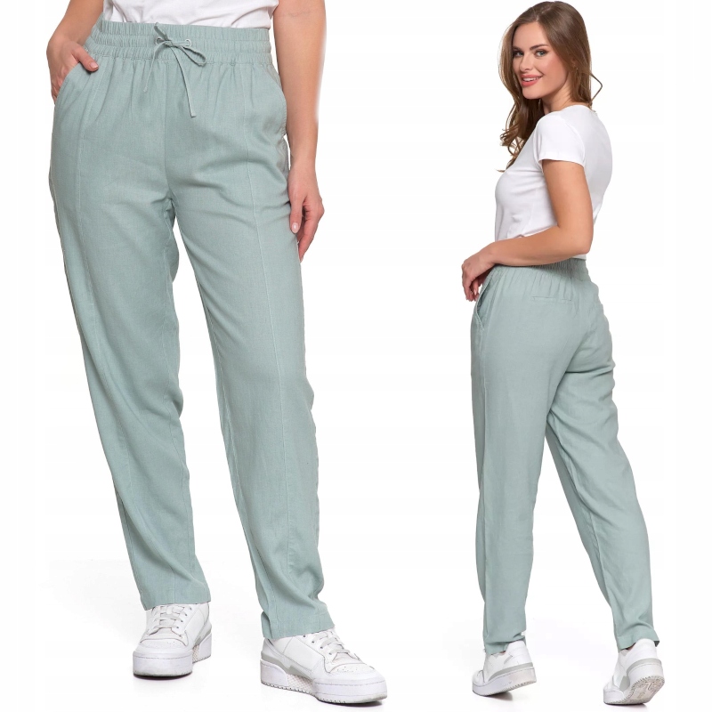 Spodnie Damskie Lniane z Prostą Nogawką Wiskoza i Len Moraj Zielony 2XL