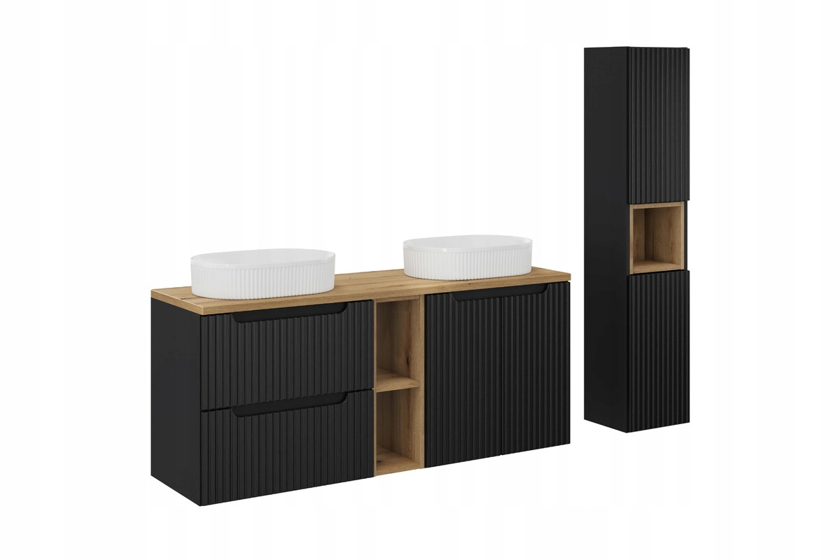 Szafka łazienkowa wisząca czarna z blatem 140 cm i umywalkami+słupek