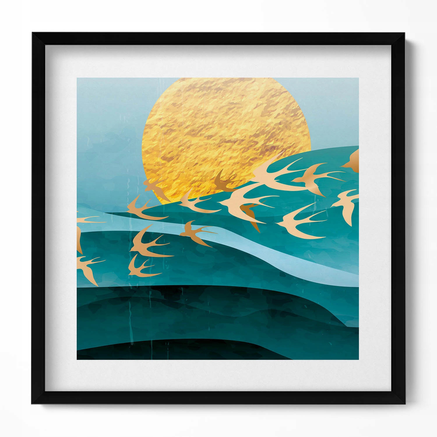 Dekorativní obraz s grafikou v krásném rámu Ilustrace ptáků na obloze 50x50 cm