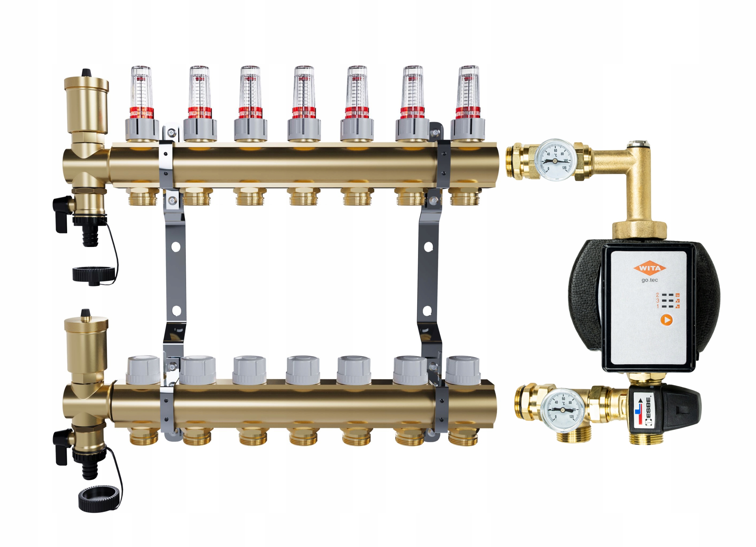 Rozdělovač pro podlahové topení 7 mosazných sekcí Čerpadlo Wita