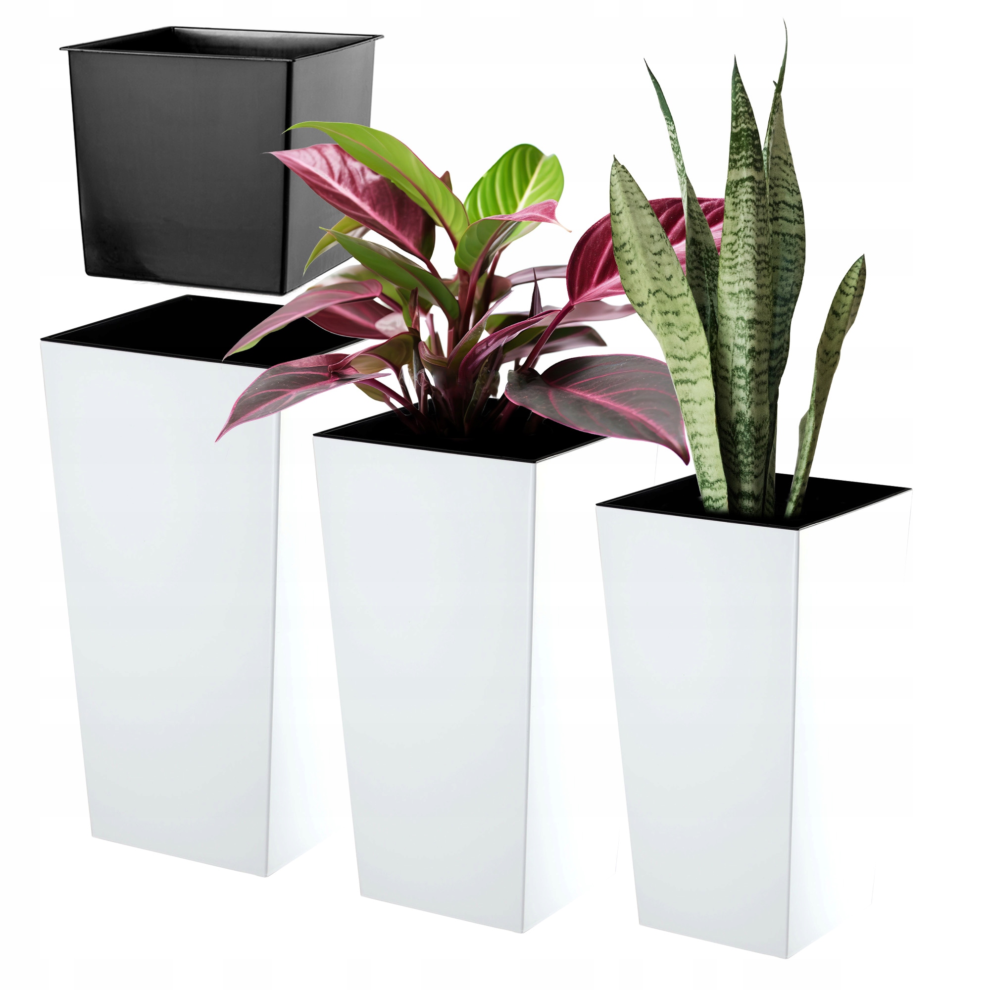 Sada 3ks Kvetináč Záhradný Vysoká Vložka Veľká Biela 47+57+68 cm