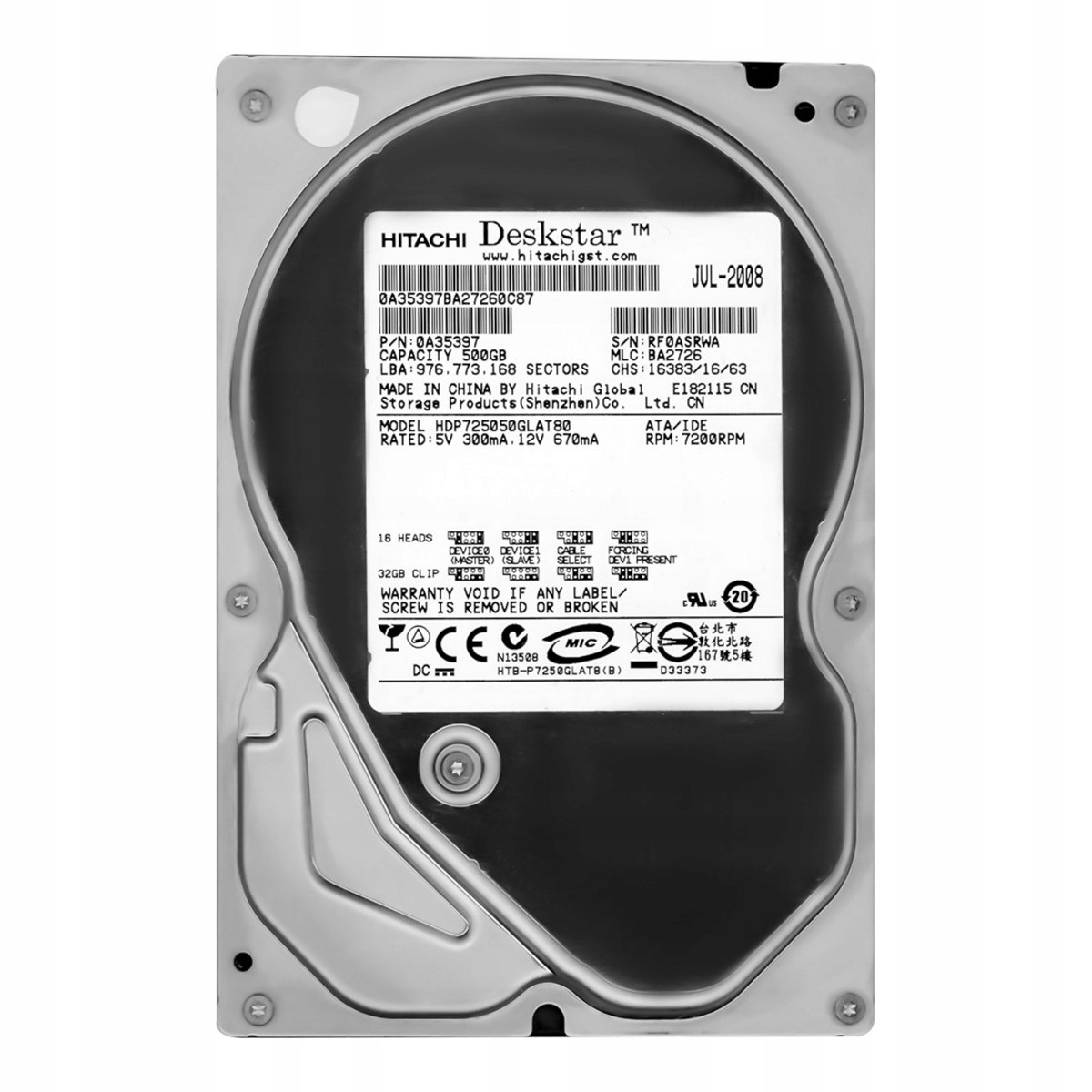 DeskStar P7K500 500GB 7.2K 8MB Ata 3.5'' HDP725050GLAT80