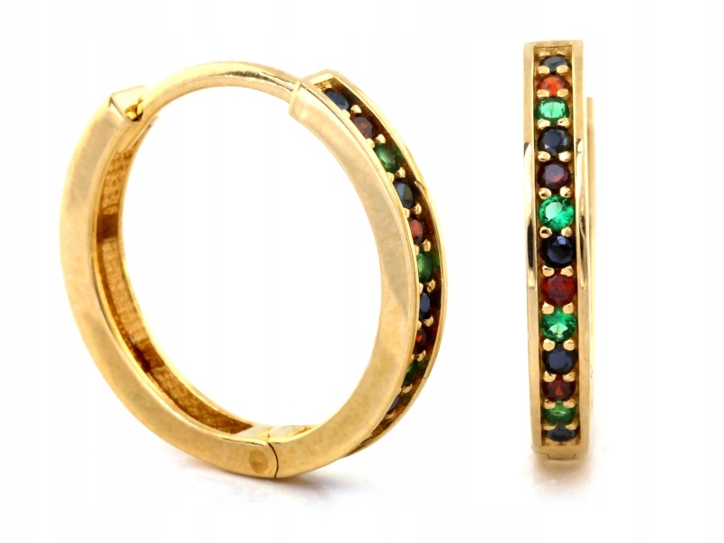 Zlaté náušnice s kolečky 585, módní, osázené barevnými zirkony pro ni