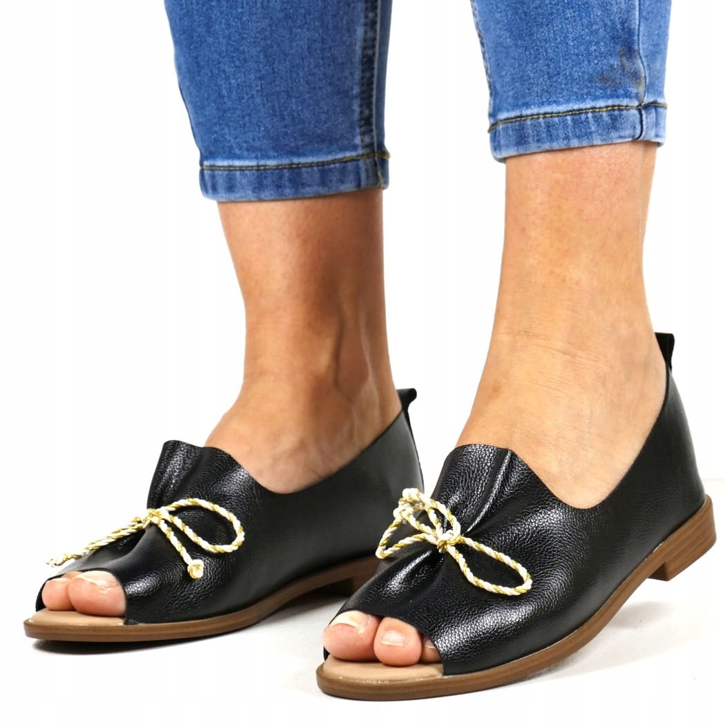 Polobotky Vystřižené Stélka Kůže Černé Sandály Ploché Na Širší Nohy 40