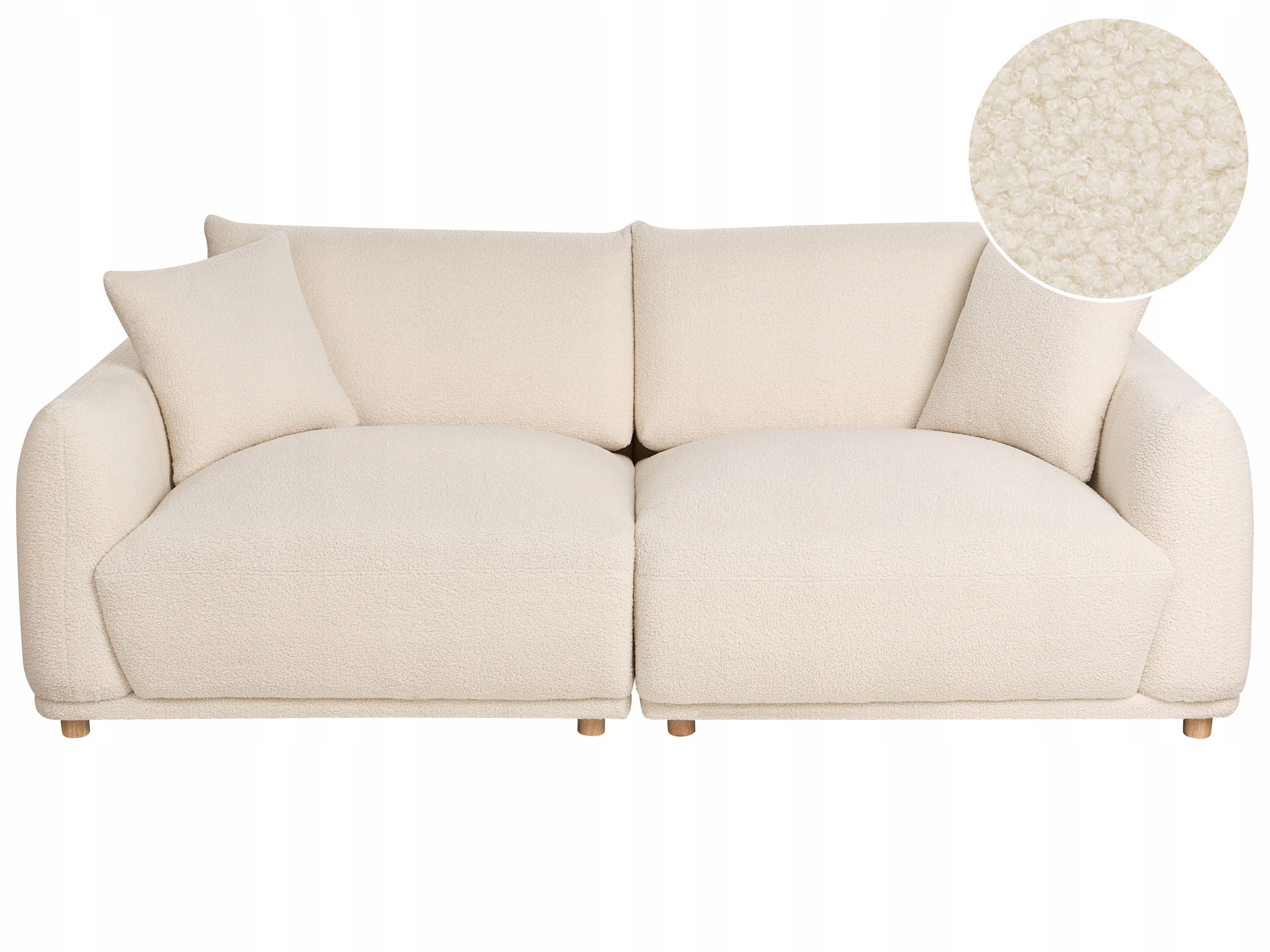 Sofa boucle z poduszkami i drewnianymi nóżkami złamana biel
