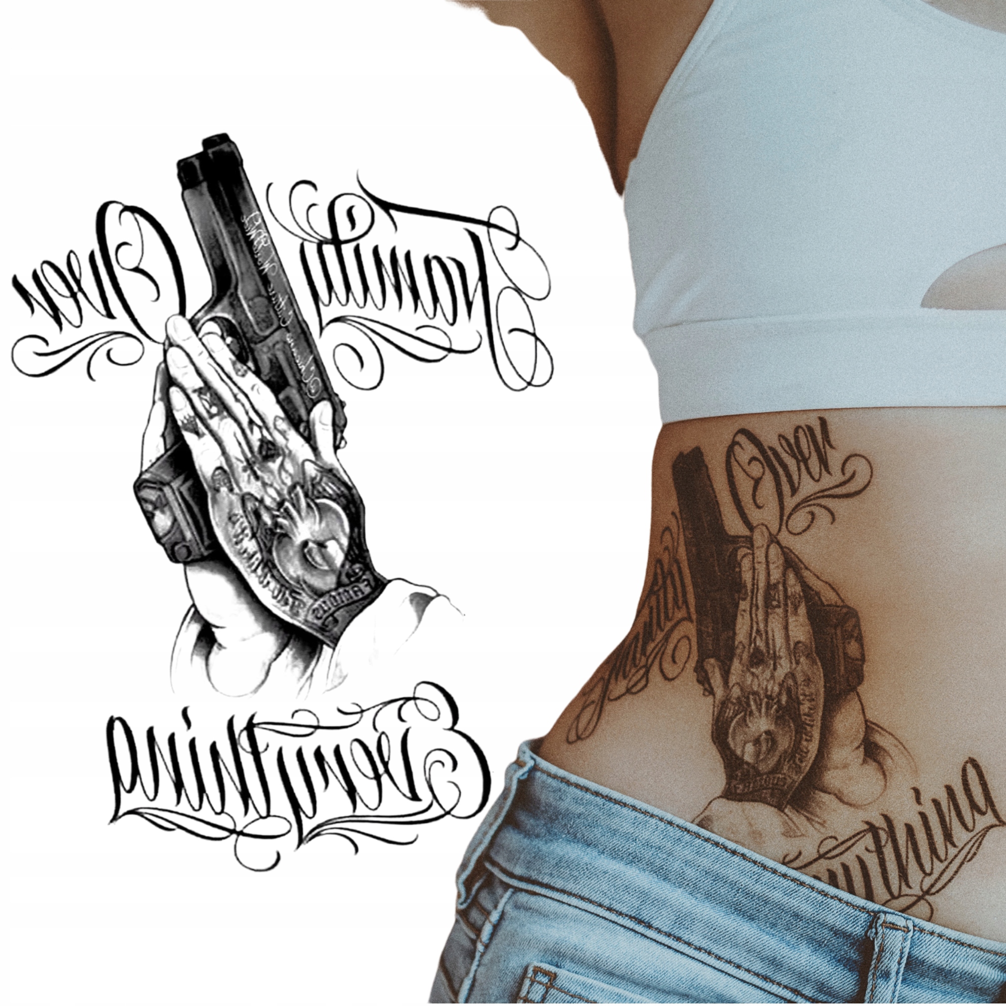 

Tatuaż zmywalny broń Pistolet gangster napis