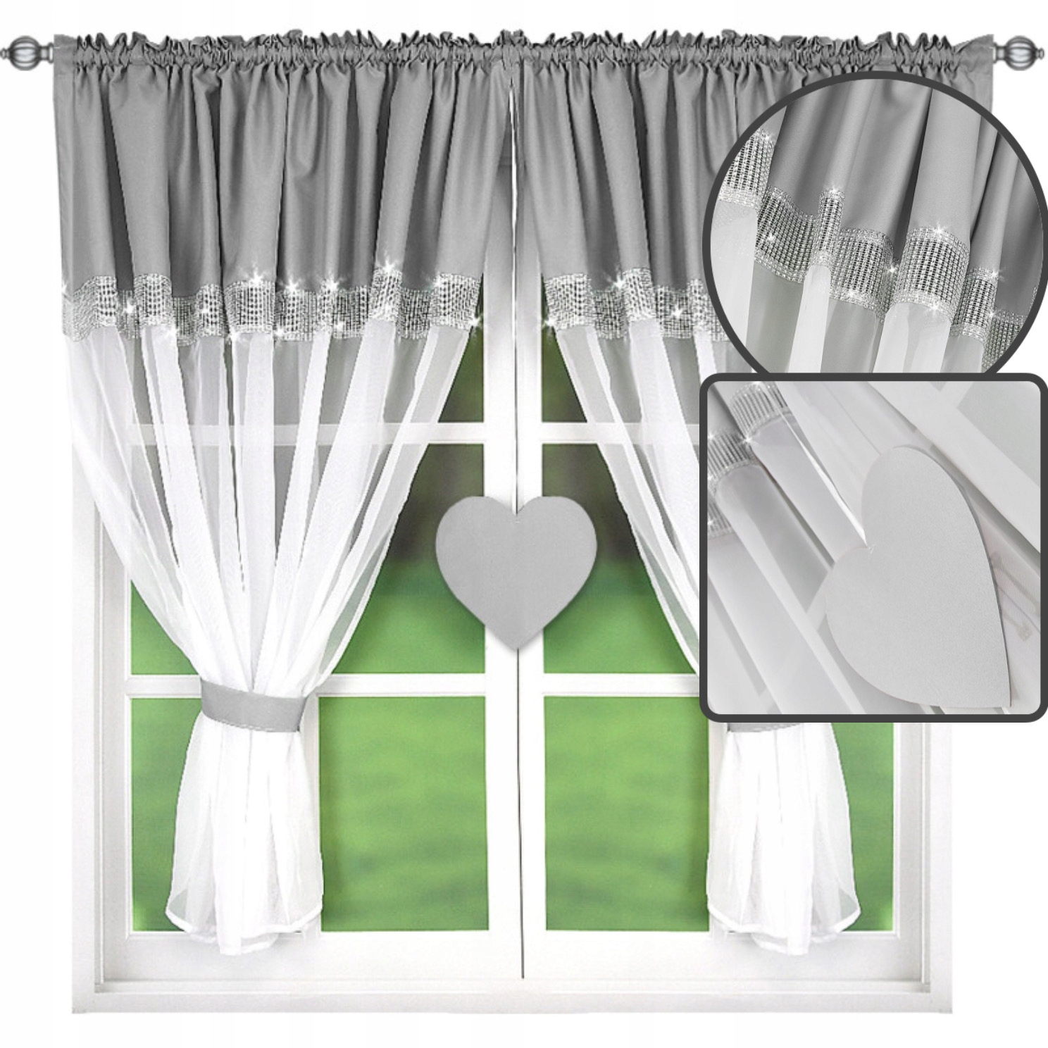 Záclona Šedobílá 400x145 Zirkony Voál Srdce Plst L433 Stylová ozdoba